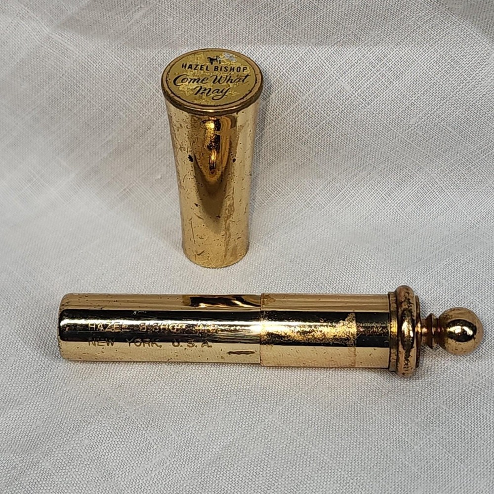Vintage Hazel Bishop Lipstick Case Gold Tone Metal Come What May New York MCM - Picture 6 of 11